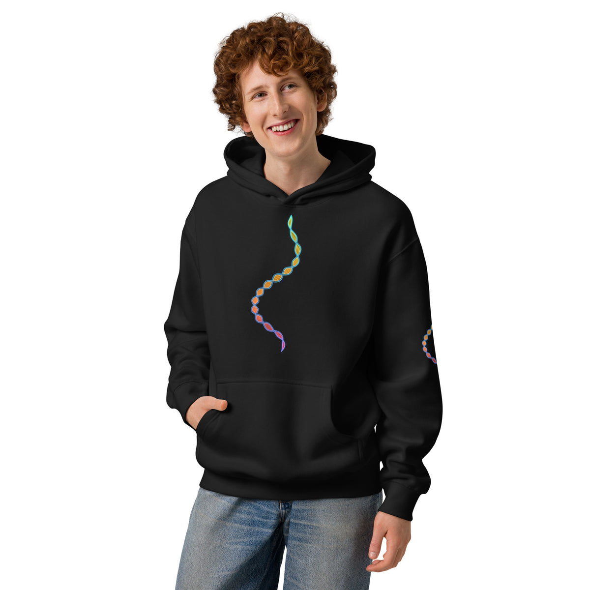DNA Matrix box hoodie in Black, front view on a model: double helix in cyan, orange, red and violet down the chest