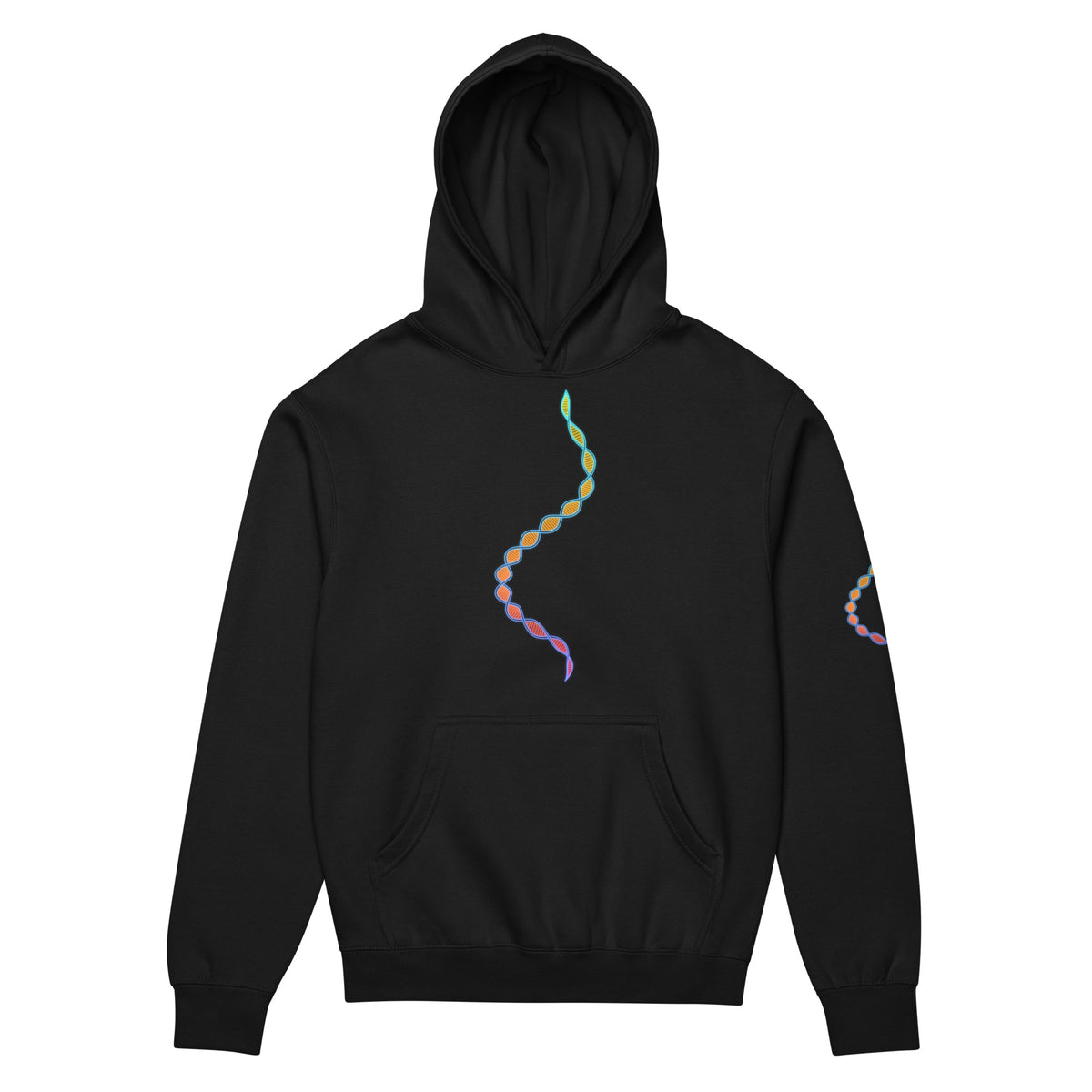 DNA Matrix box hoodie in Black, front view: double helix in cyan, yellow, orange, red and violet down the chest
