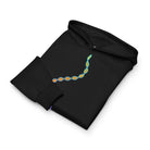 DNA Matrix box hoodie in Black, folded: the double helix in cyan, yellow and orange across the chest