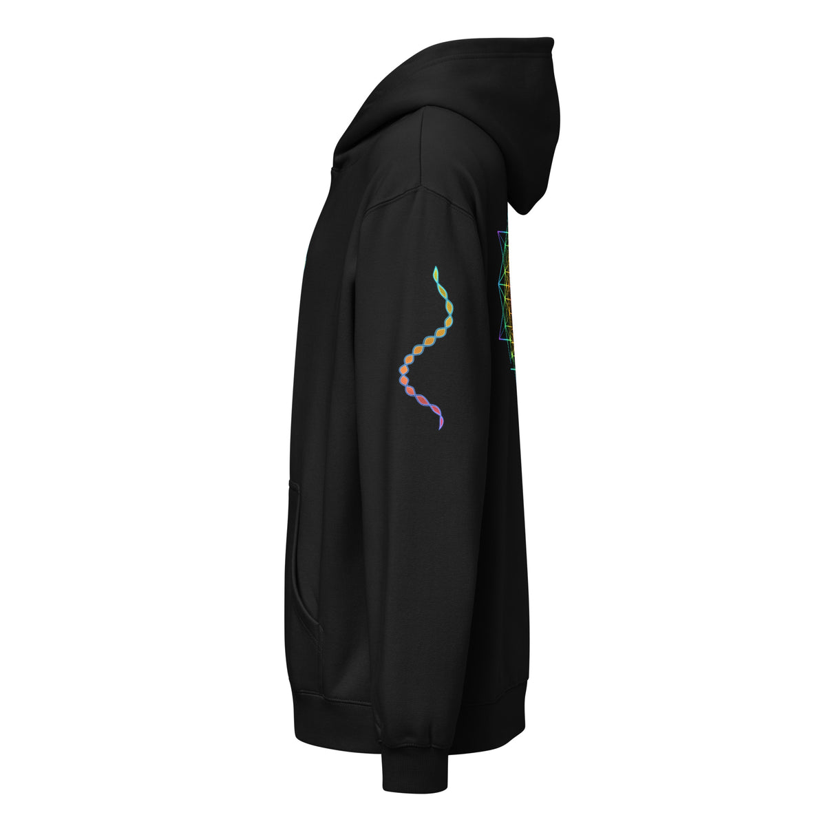 DNA Matrix box hoodie in Black, left side view: double helix on the left sleeve, edge of the star grid on the back
