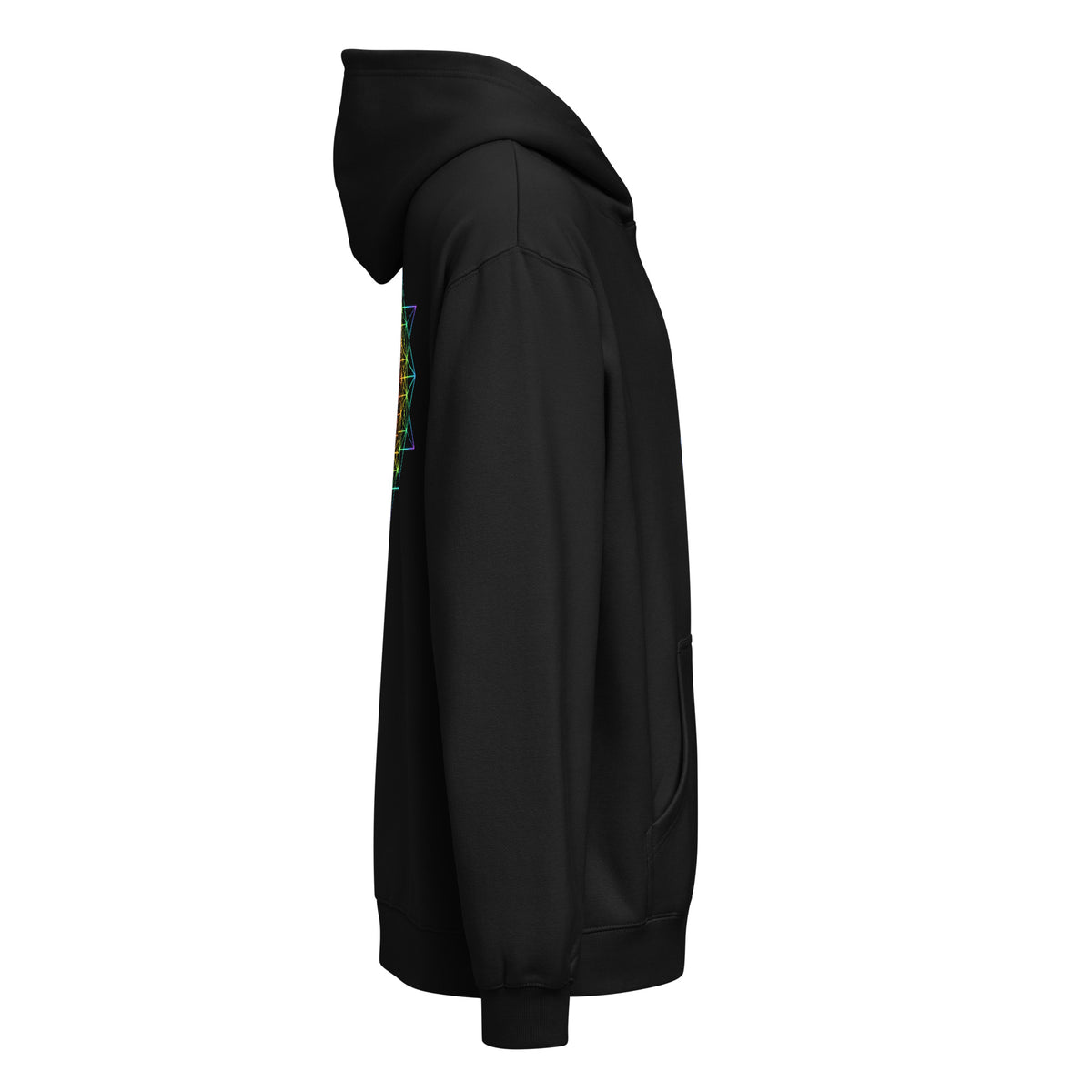 DNA Matrix box hoodie in Black, right side view: plain right sleeve, edge of the star grid on the back