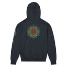 DNA Matrix box hoodie in Navy Blazer, back view: rainbow star-shaped line grid on the upper back, helix on the left sleeve