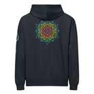 DNA Matrix box hoodie in Navy Blazer, back view: rainbow star-shaped line grid on the upper back, helix on the left sleeve