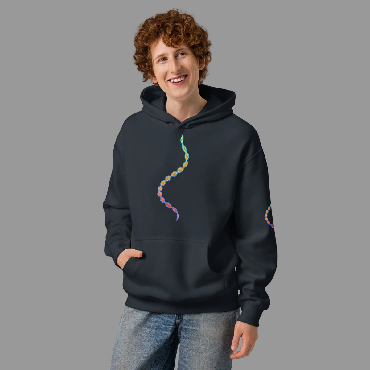 DNA Matrix box hoodie in Navy Blazer, front view on a model: double helix down the chest and on the left sleeve