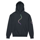 DNA Matrix box hoodie in Navy Blazer, front view: double helix in cyan, yellow, orange, red and violet down the chest