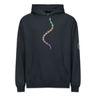 DNA Matrix box hoodie in Navy Blazer, front view: double helix in cyan, yellow, orange, red and violet down the chest