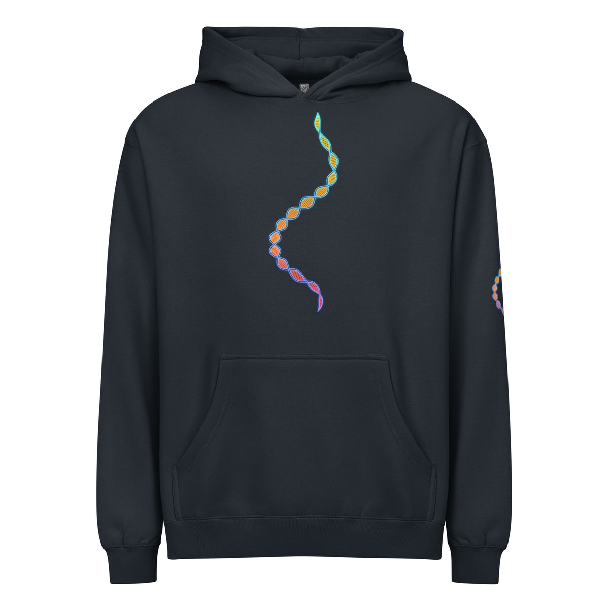 DNA Matrix box hoodie in Navy Blazer, front view: double helix in cyan, yellow, orange, red and violet down the chest