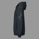 DNA Matrix box hoodie in Navy Blazer, left side view: double helix on the left sleeve, edge of the star grid on the back