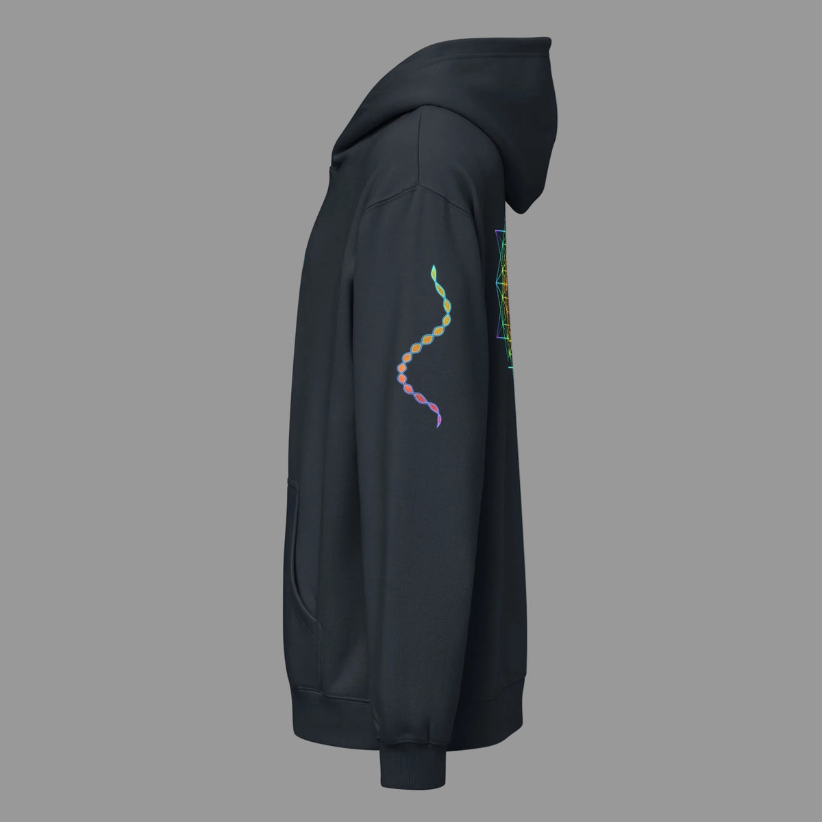 DNA Matrix box hoodie in Navy Blazer, left side view: double helix on the left sleeve, edge of the star grid on the back