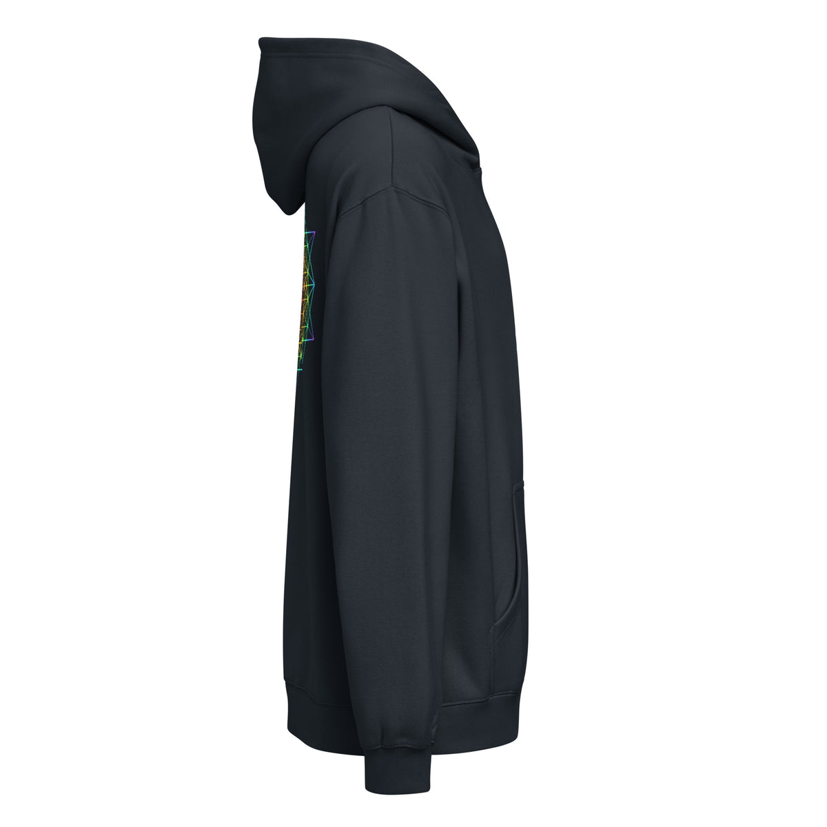 DNA Matrix box hoodie in Navy Blazer, right side view: plain right sleeve, edge of the star grid on the back
