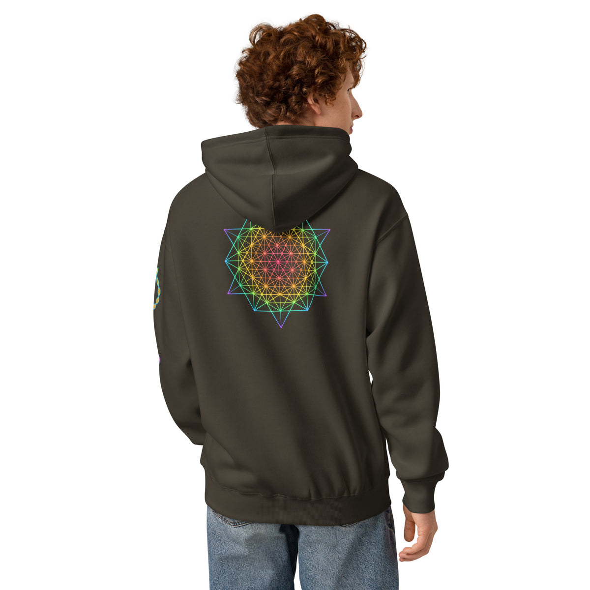 DNA Matrix box hoodie in Vintage Black, back view on a model: rainbow star-shaped line grid on the upper back