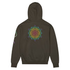 DNA Matrix box hoodie in Vintage Black, back view: rainbow star-shaped line grid on the upper back, helix on the left sleeve