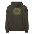 DNA Matrix box hoodie in Vintage Black, back view: rainbow star-shaped line grid on the upper back, helix on the left sleeve