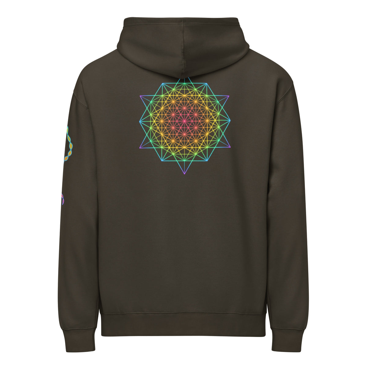 DNA Matrix box hoodie in Vintage Black, back view: rainbow star-shaped line grid on the upper back, helix on the left sleeve