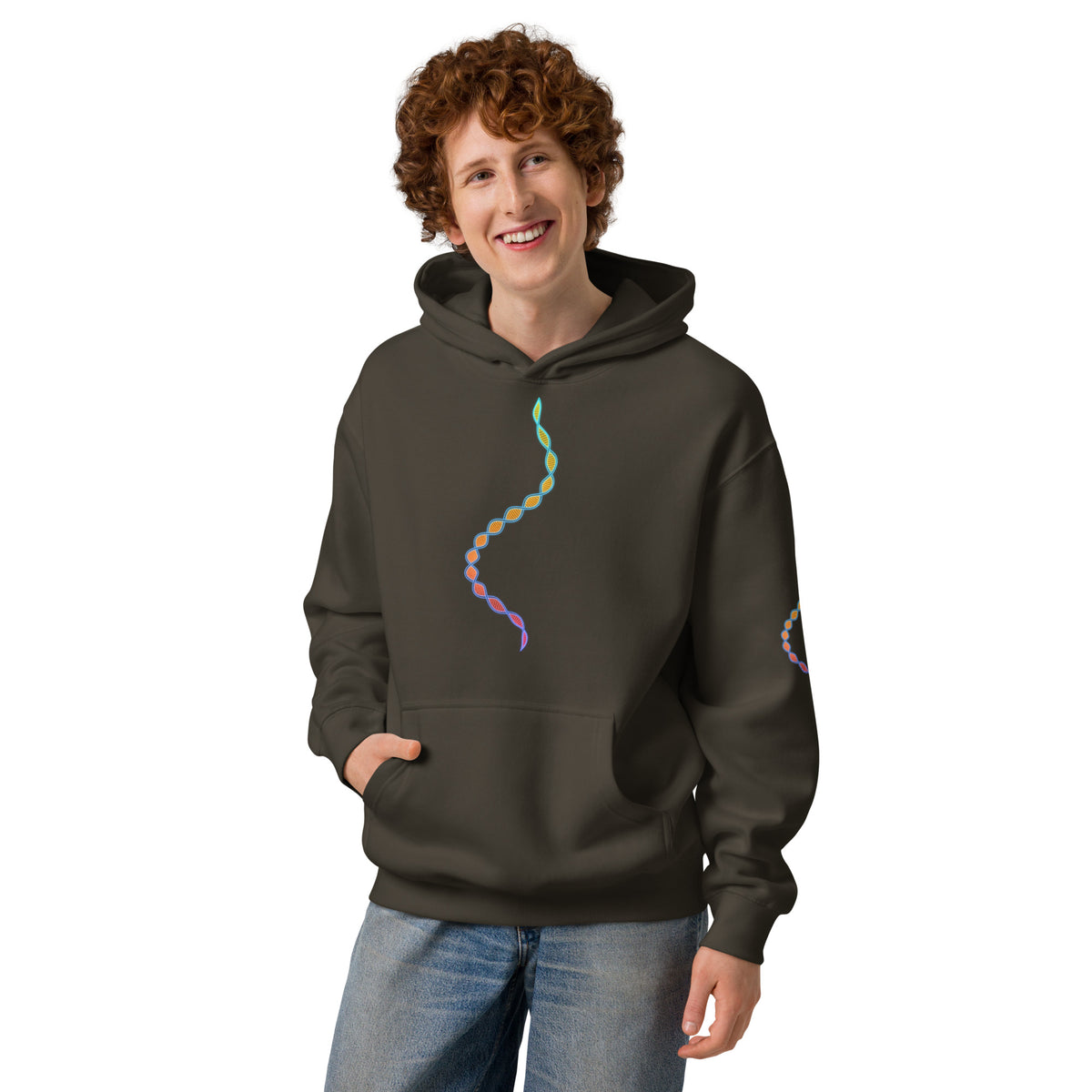 DNA Matrix box hoodie in Vintage Black, front view on a model: double helix in cyan, orange, red and violet down the chest