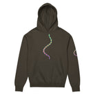 DNA Matrix box hoodie in Vintage Black, front view: double helix in cyan, yellow, orange, red and violet down the chest