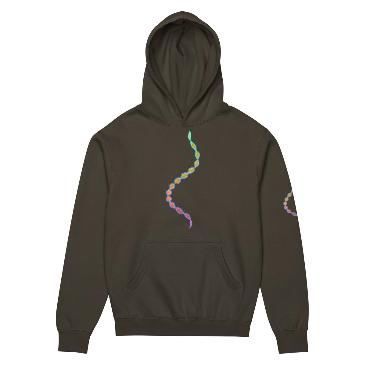 DNA Matrix box hoodie in Vintage Black, front view: double helix in cyan, yellow, orange, red and violet down the chest