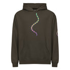 DNA Matrix box hoodie in Vintage Black, front view: double helix in cyan, yellow, orange, red and violet down the chest