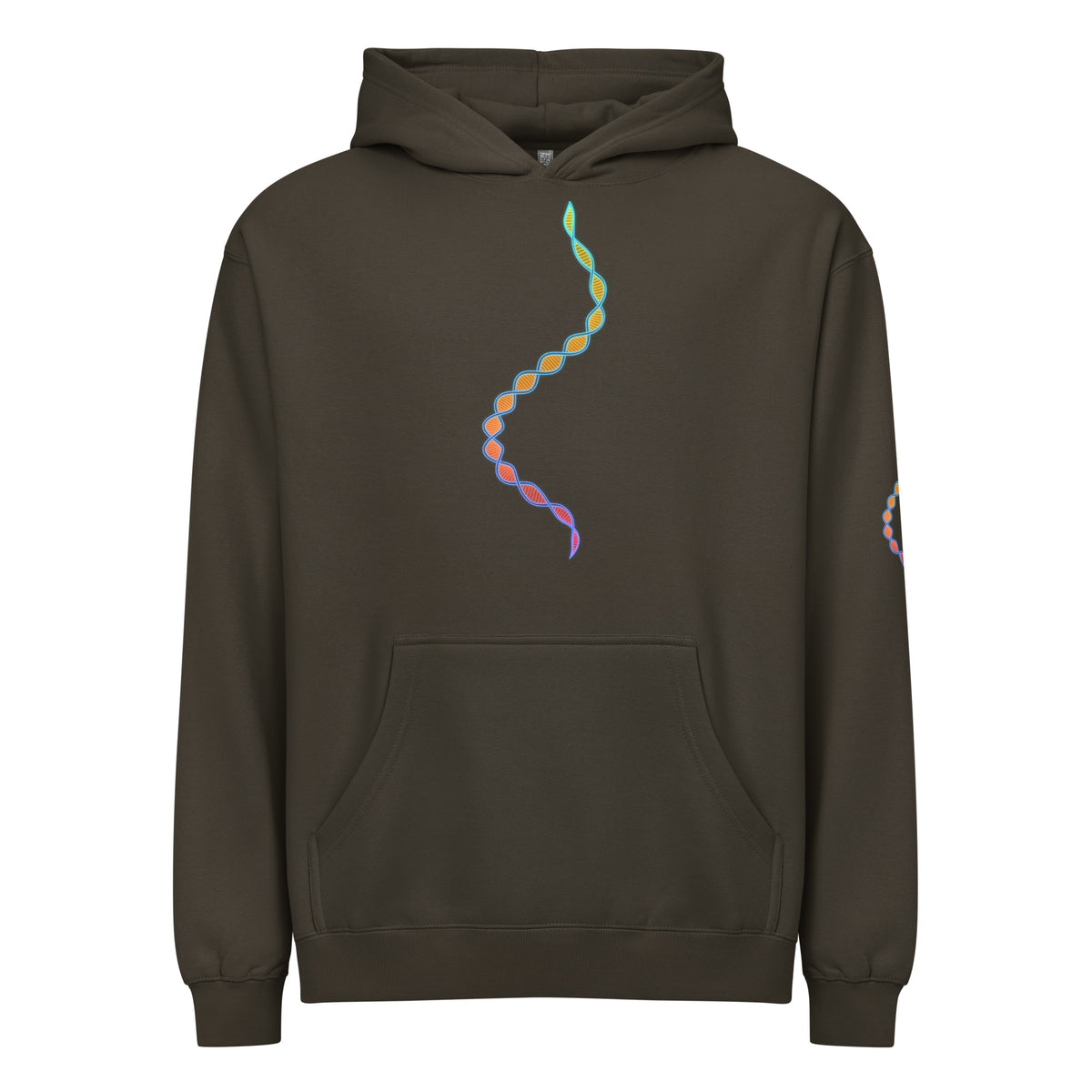 DNA Matrix box hoodie in Vintage Black, front view: double helix in cyan, yellow, orange, red and violet down the chest