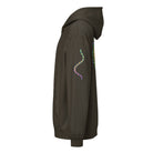 DNA Matrix box hoodie in Vintage Black, left side view: double helix on the left sleeve, edge of the star grid on the back