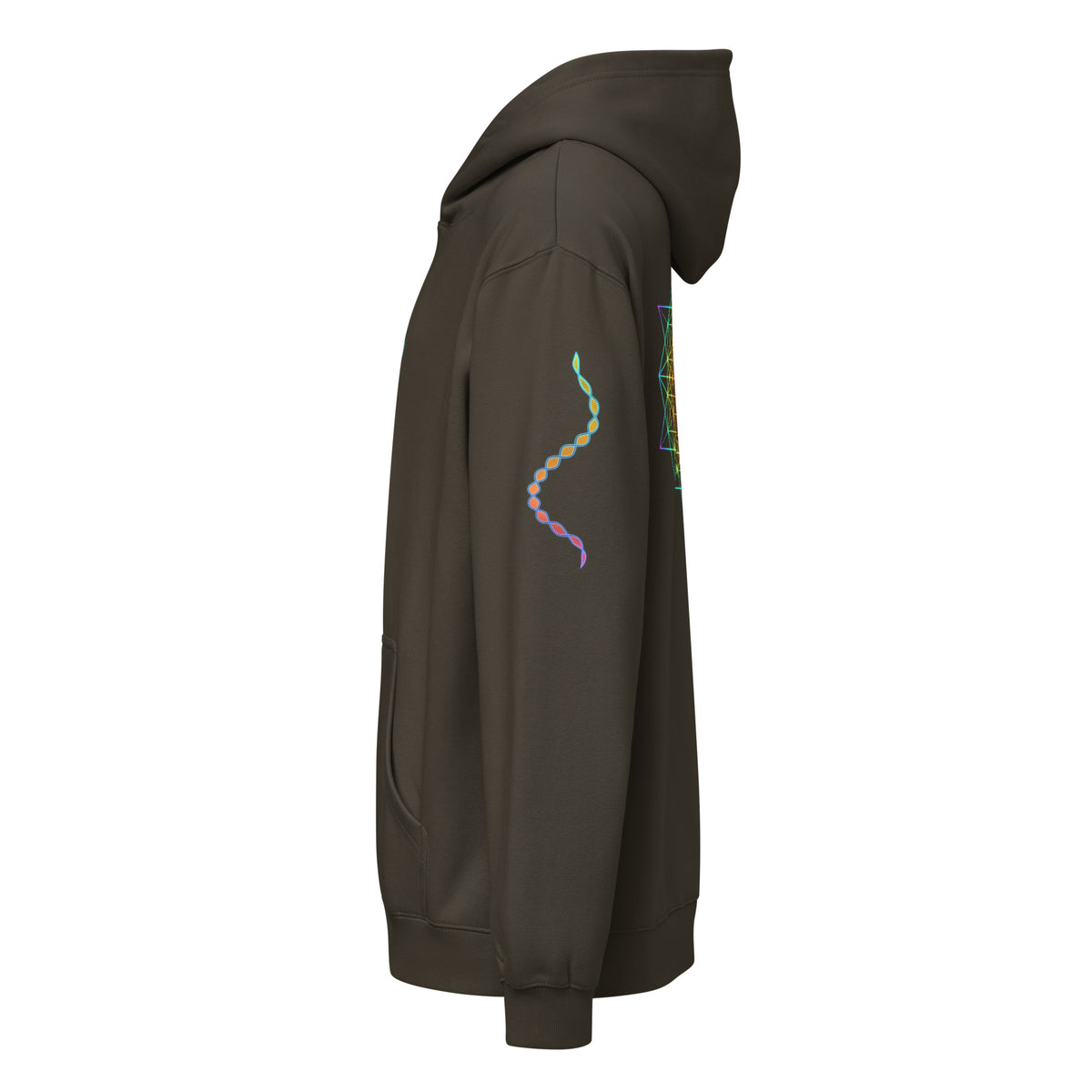 DNA Matrix box hoodie in Vintage Black, left side view: double helix on the left sleeve, edge of the star grid on the back
