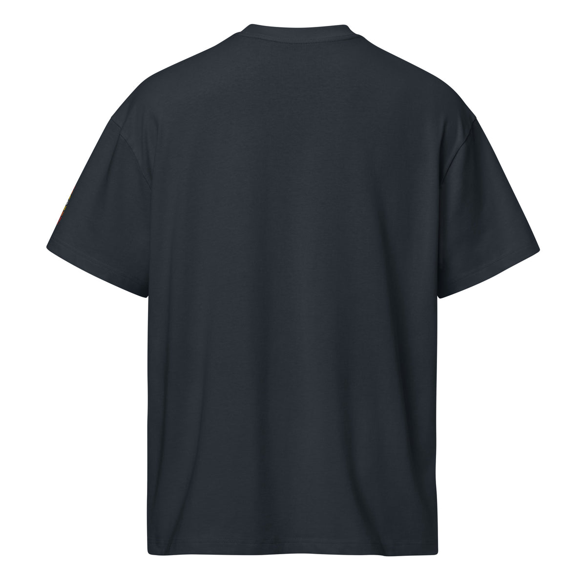 Invaders 2 embroidered box tee in Navy Blazer, back view: plain back, edge of the left sleeve strip