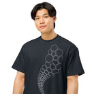 Hexa B&W cotton box t-shirt in Navy Blazer, front view on a model: white hexagon outlines and one circle on the left chest