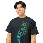 Hexa V2 cotton box t-shirt in Navy Blazer, front view on a model: green circle and hexagon outlines on the left chest