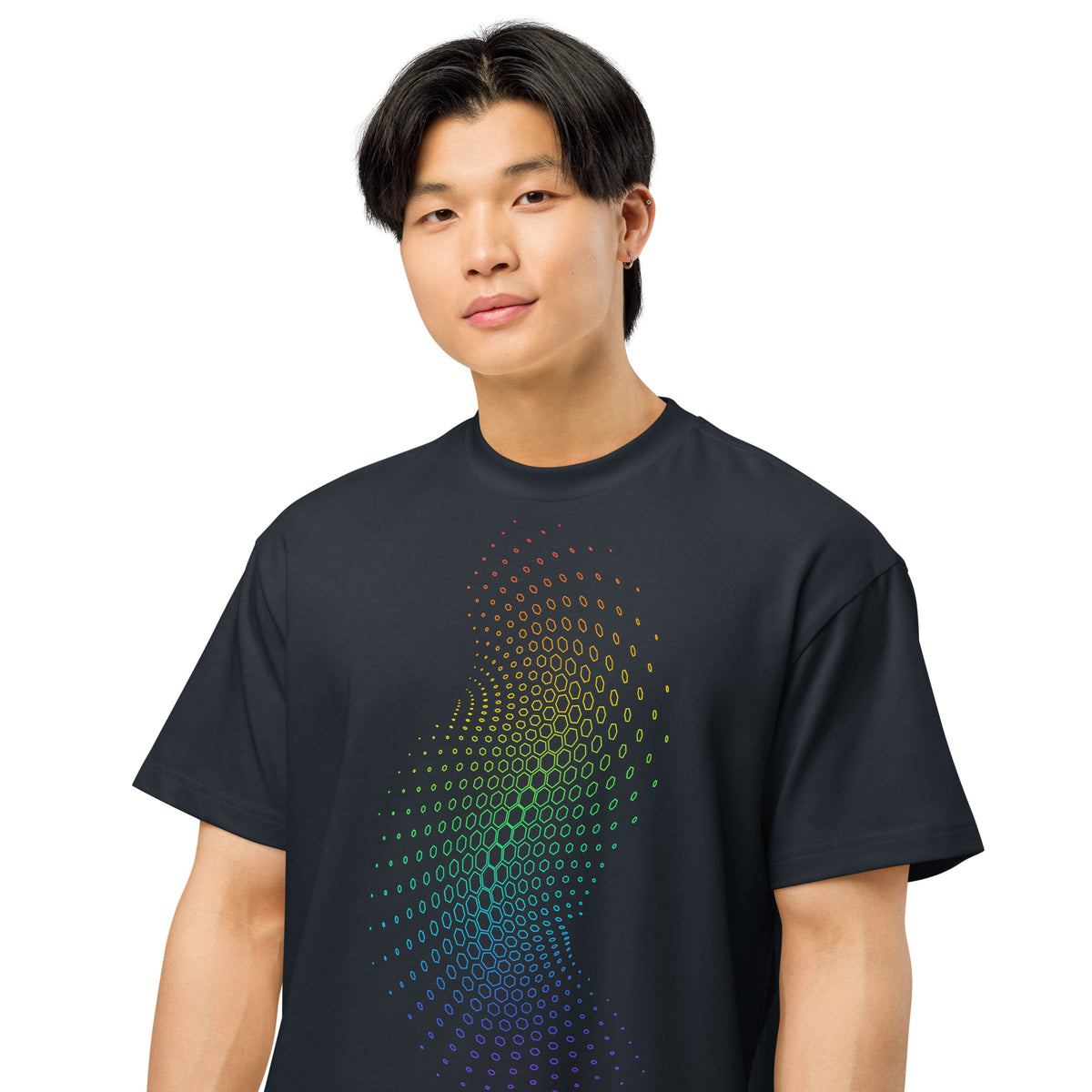Birth cotton box t-shirt in Navy Blazer, front view on a model: hexagon field from red through green to violet