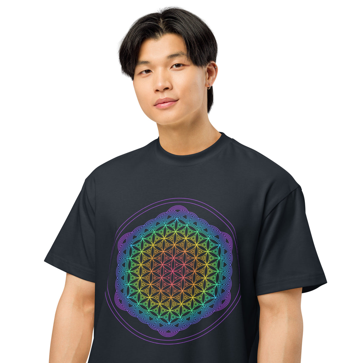Life of a Flower cotton box t-shirt in Navy Blazer, close front view on a model: red centre fading to a violet edge
