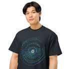 Hex Core cotton box t-shirt in Navy Blazer, close front view on a model: white hexagon sphere inside turquoise rings