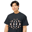 I See You cotton box t-shirt in Navy Blazer, close on a person: two large eyes in the middle, red, yellow and blue edges