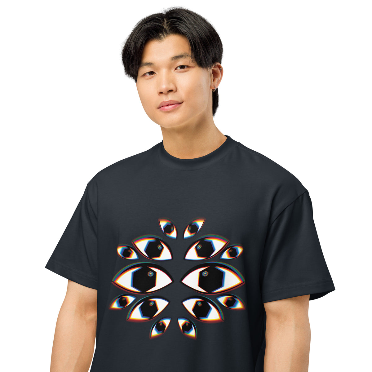 I See You cotton box t-shirt in Navy Blazer, close on a person: two large eyes in the middle, red, yellow and blue edges