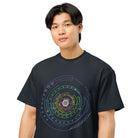 Hex Core Rainbow cotton box t-shirt in Navy Blazer, close front view on a model: white hexagon sphere in a red ring
