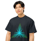 Fractal Triangle cotton box t-shirt in Navy Blazer, on a model, close: hexagon lines meeting in a turquoise centre