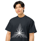 Fractal Triangle B&W cotton box t-shirt in Navy Blazer, on a model, close: white hexagon lines meeting in a bright centre