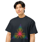 Fractal Triangle Rainbow cotton box t-shirt in Navy Blazer, close front view on a model: pink-red centre, violet tips