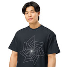 Fibonacci Sequence 2 B&W cotton box t-shirt in Navy Blazer, close front view on a model: white star-shaped spiral of lines