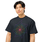 Fibonacci Sequence 2 Rainbow cotton box t-shirt in Navy Blazer, close front view on a model: rainbow star spiral