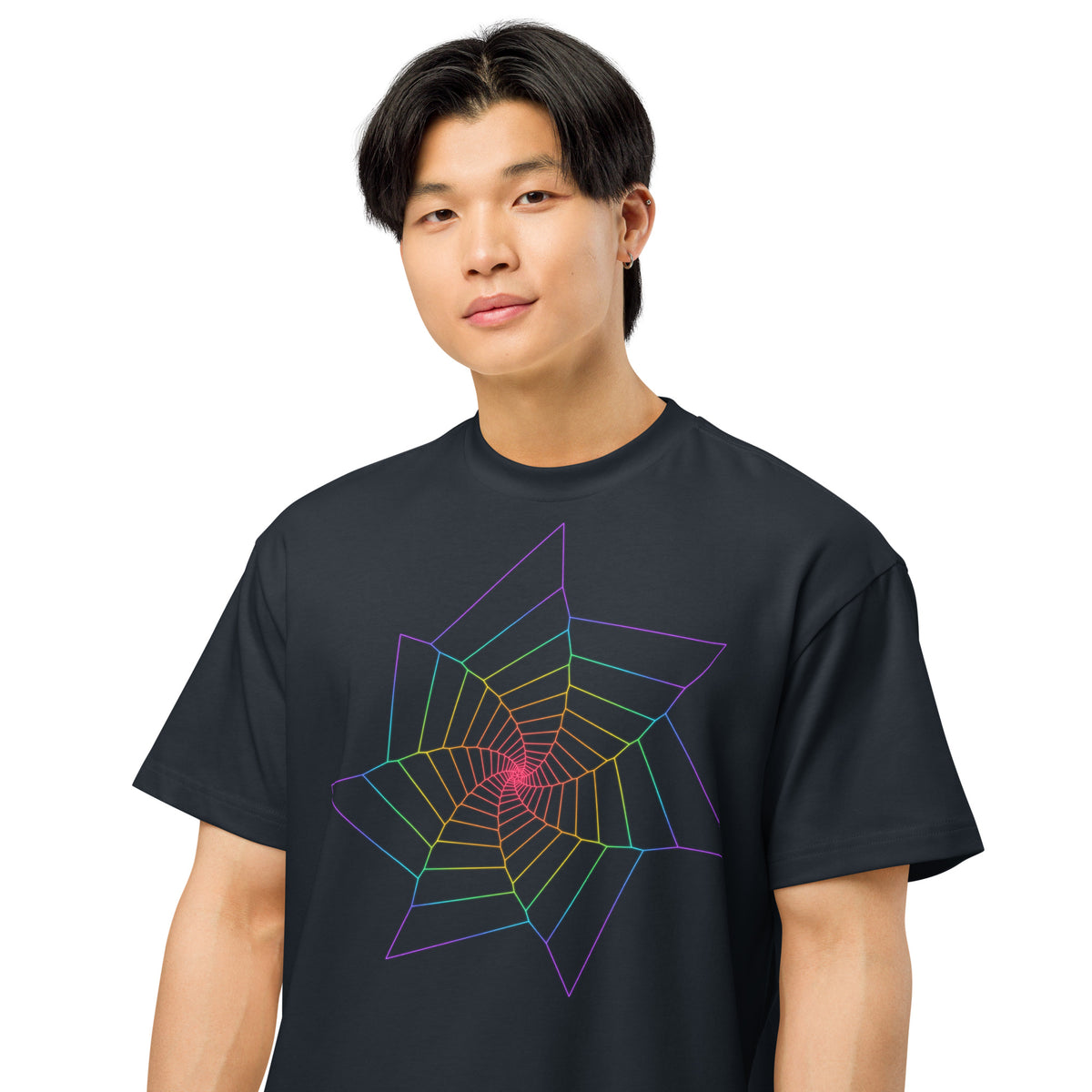 Fibonacci Sequence 2 Rainbow cotton box t-shirt in Navy Blazer, close front view on a model: rainbow star spiral