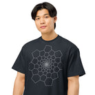 Fibonacci Sequence 1 B&W cotton box t-shirt in Navy Blazer, close front view on a model: white spiral of cells