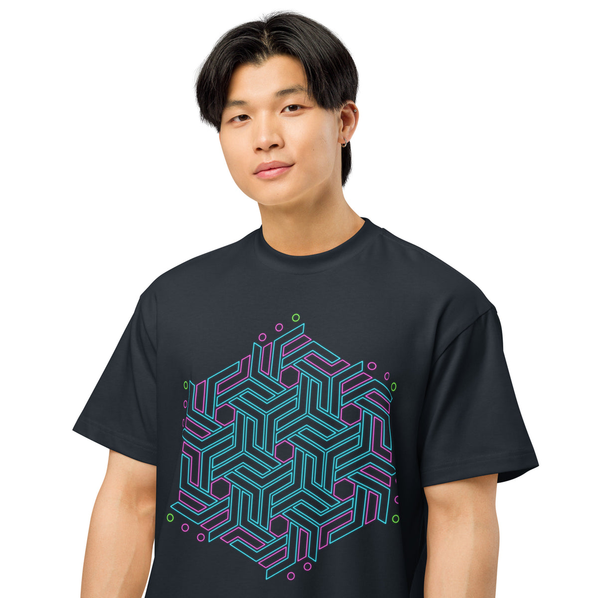 GeoTron Turquoise cotton box t-shirt in Navy Blazer, close front view on a model: turquoise chevron hexagon