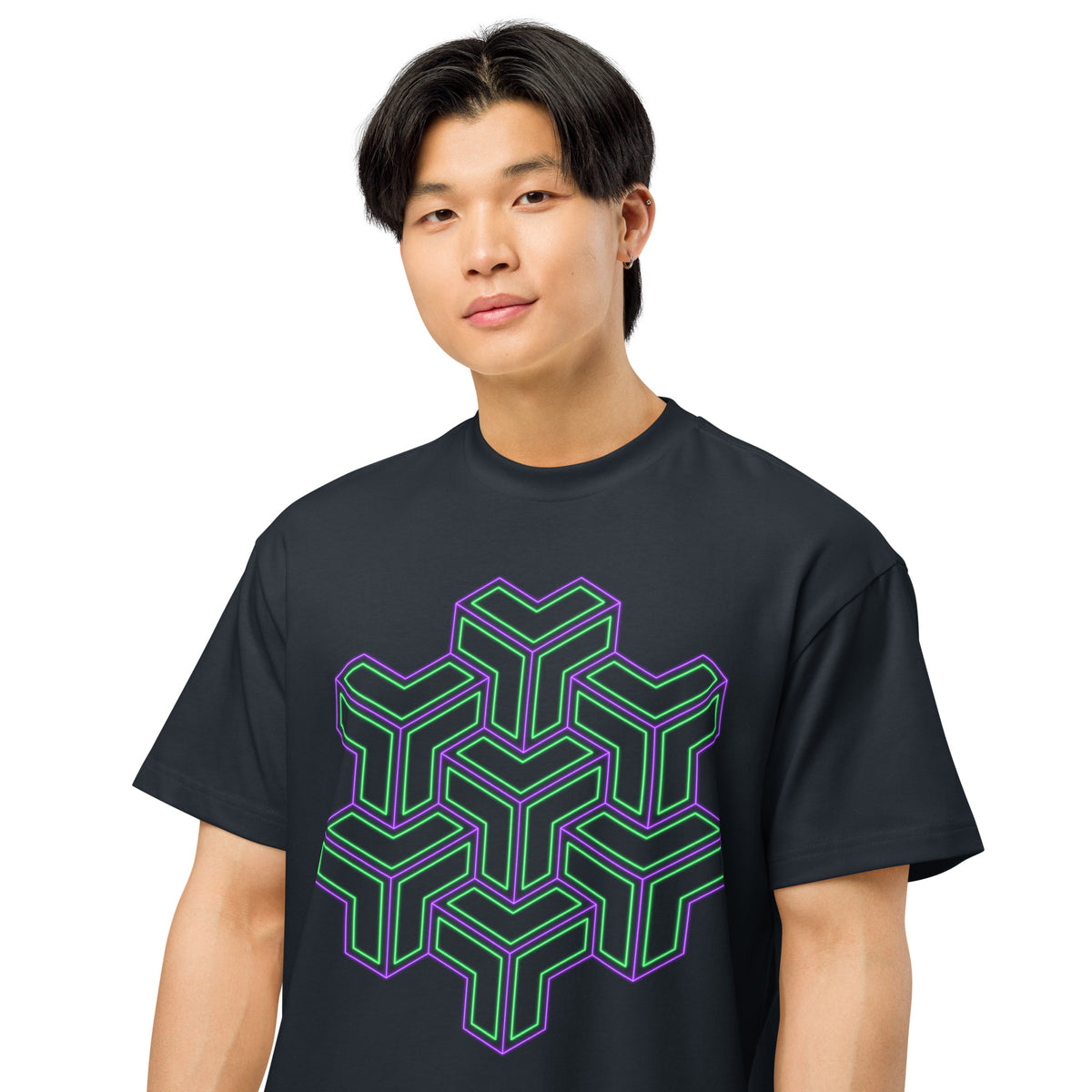 TreeStar cotton box t-shirt in Navy Blazer, close front view on a model: green and violet Y-shaped blocks stacked like cubes