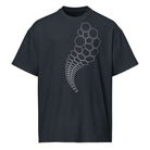 Hexa B&W cotton box t-shirt in Navy Blazer, front view: white hexagon outlines from the left chest to mid-shirt