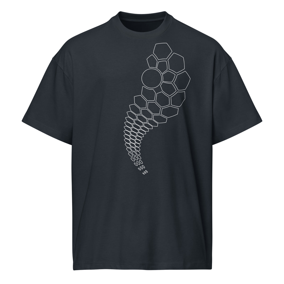 Hexa B&W cotton box t-shirt in Navy Blazer, front view: white hexagon outlines from the left chest to mid-shirt