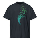 Hexa cotton box t-shirt in Navy Blazer, front view: outlined cells shrinking into small hexagons, lime green to turquoise
