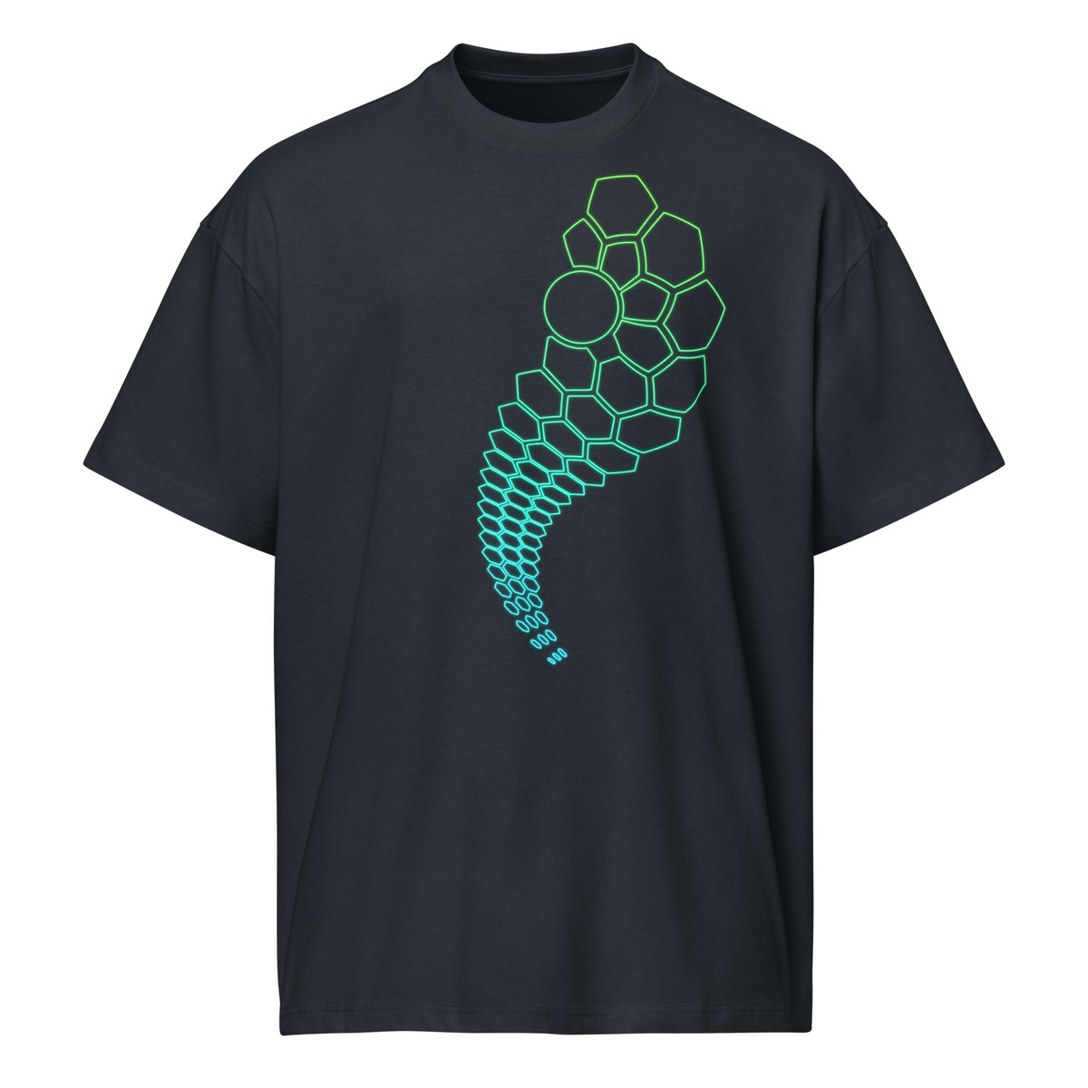 Hexa cotton box t-shirt in Navy Blazer, front view: outlined cells shrinking into small hexagons, lime green to turquoise