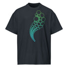 Hexa V2 cotton box t-shirt in Navy Blazer, front view: trail of hexagon outlines from the left chest, green to turquoise