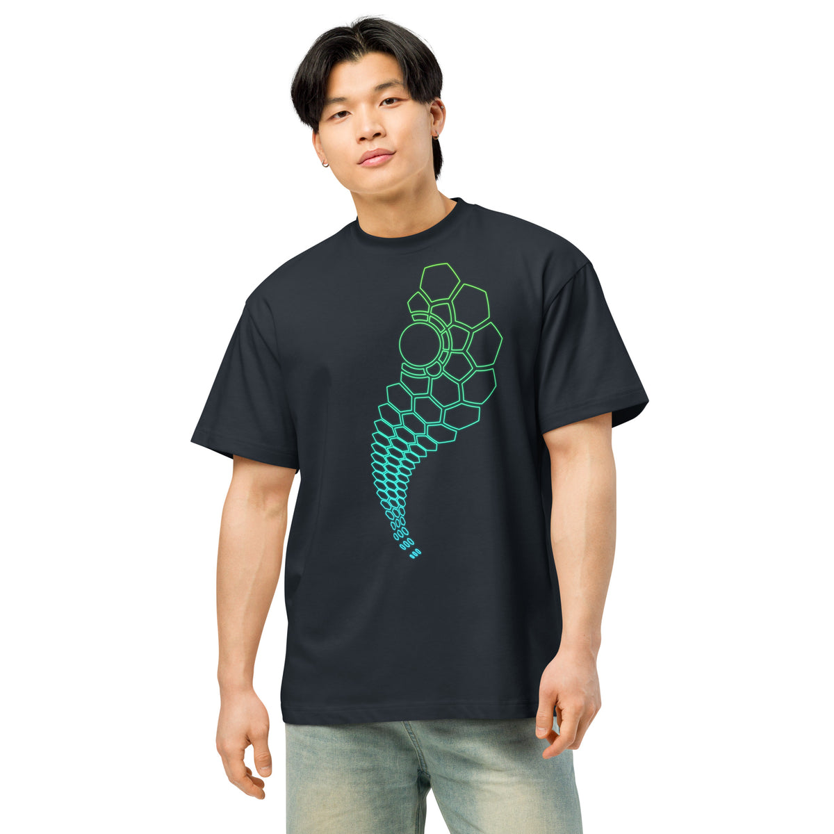 Hexa V2 cotton box t-shirt in Navy Blazer, front view on a model: hexagon trail from the left chest to mid-shirt