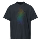 Birth cotton box t-shirt in Navy Blazer, front view: outlined hexagon field running from red at the top to violet